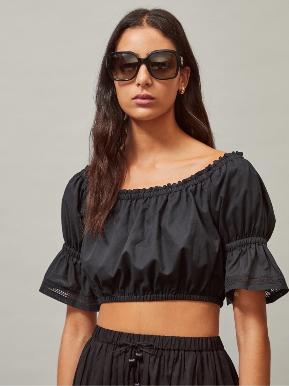 Tory Burch Black Off-Shoulder Embroidered Peasant Crop Top
